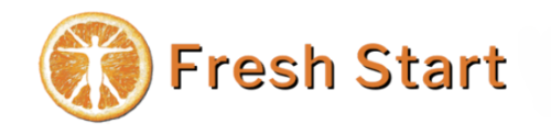 Fresh Start Logo. It is an orange slice with the Vitruvian Man inside. To the right of the logout reads Fresh Start